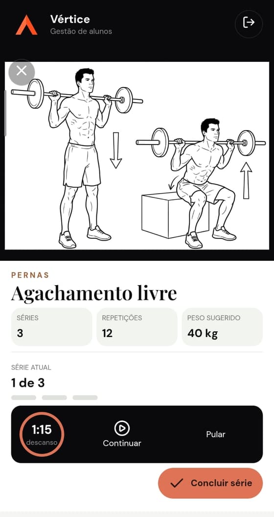 Área do aluno com treino do dia e cronômetro de séries