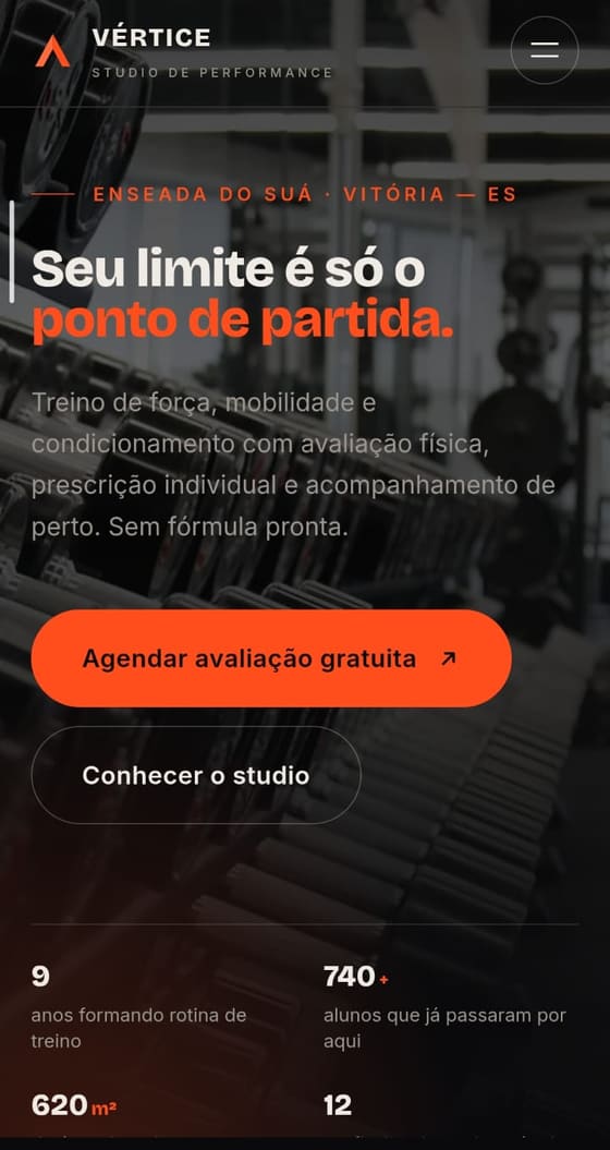 Site institucional da academia no celular
